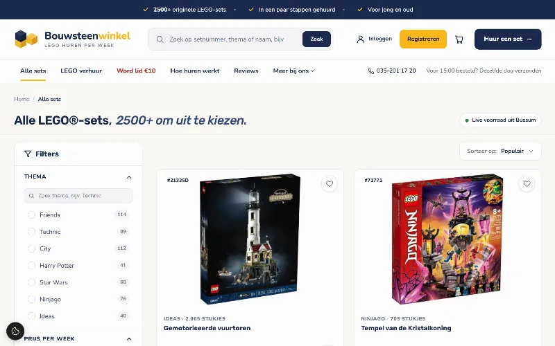 Het setoverzicht met filters op Bouwsteenwinkel